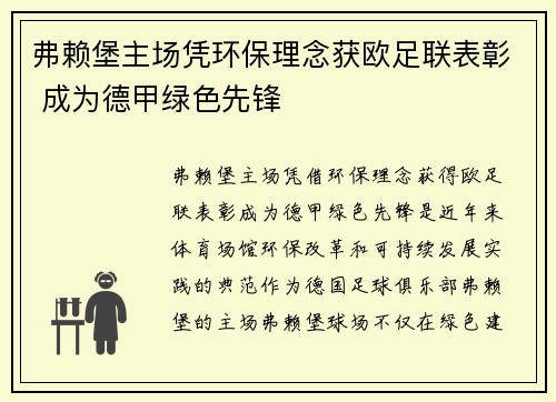 弗赖堡主场凭环保理念获欧足联表彰 成为德甲绿色先锋 弗赖堡主场凭环保理念获欧足联表彰 成为德甲绿色先锋